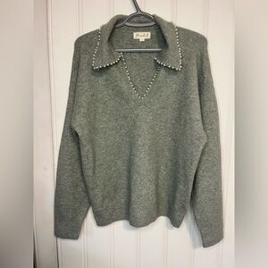 Marled Pearl Collar V-Neck Sweater – Light grey – Size L – Soft Knit